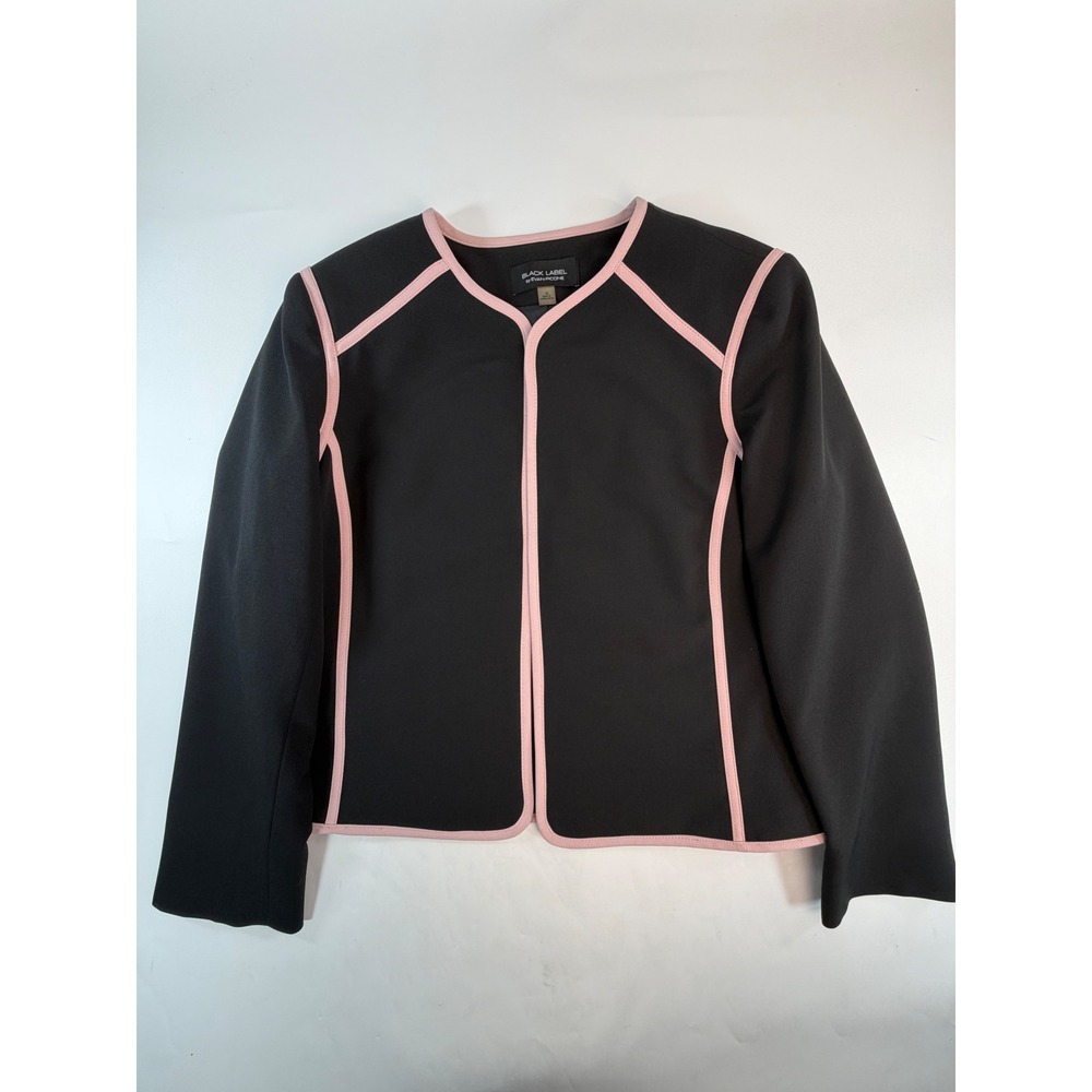 Black Label by Evan-Picone Black Pink Contrast Trim Open Blazer Jacket Size 16